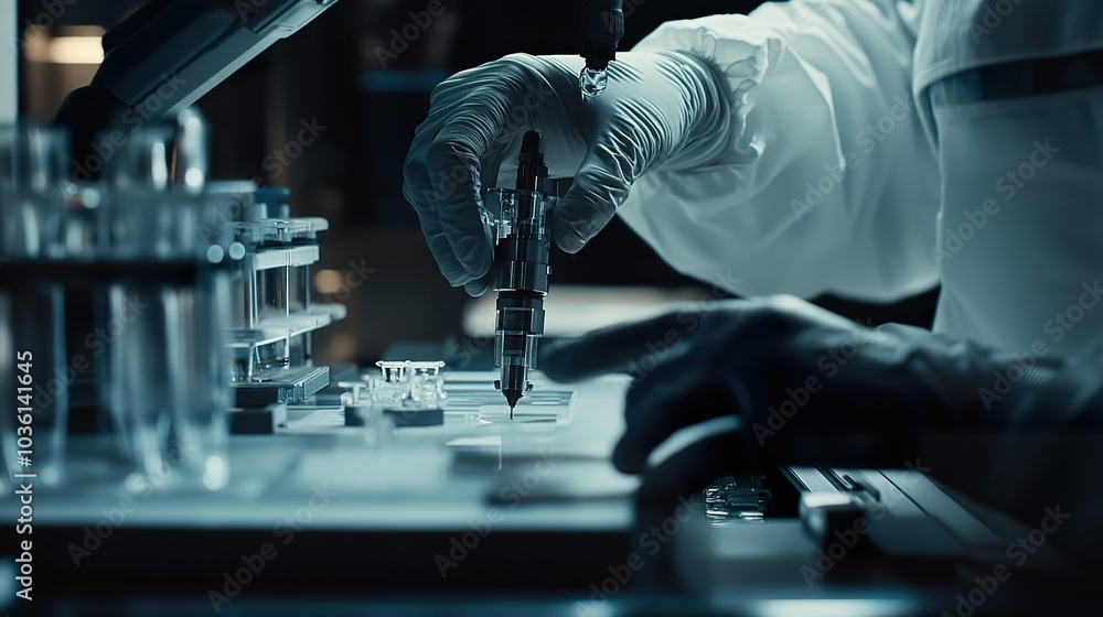 Poster a close-up of a scientist's hands working with robotic tools in a research lab,