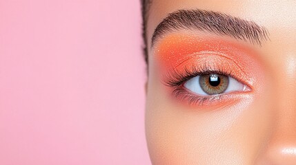 Close-up of woman’s eye, vibrant orange eyeshadow, bold makeup, dramatic and colorful look, smooth skin, feminine beauty, modern and trendy design, minimal peach background

