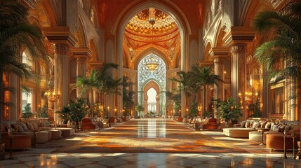 Grand Hallway with Ornate Architecture and Palm Trees