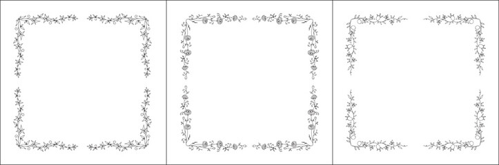 Set of three vector decorative frames, vegetal ornamental frame with flowers, decorative border, corners. Isolated vector illustration.