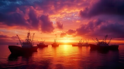 Obraz premium A colorful sunset illuminating the silhouettes of fishing boats on a calm harbor, creating a serene atmosphere.