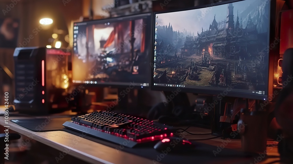 Poster a computer desk setup with a gaming keyboard, mouse, and dual monitors showing a fantasy rpg.