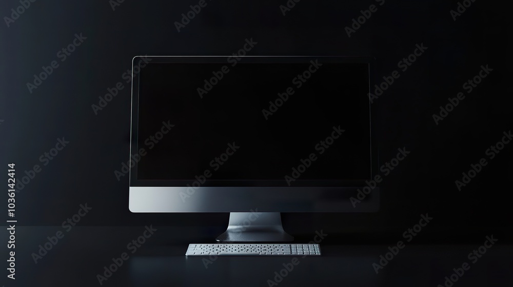 Poster a computer mockup with a dark screen on a smooth black surface, subtle shadows.