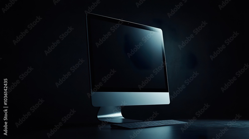 Aufkleber a computer monitor on a smooth black surface, lit by soft directional light from the side.