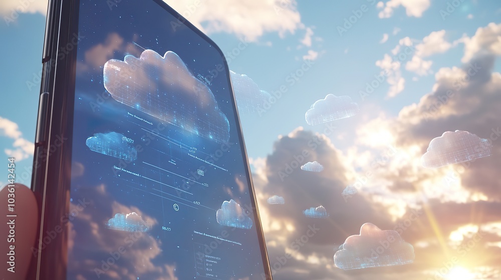 Poster a conceptual image of a smartphone displaying cloud storage options, with a sunny sky and clouds in 