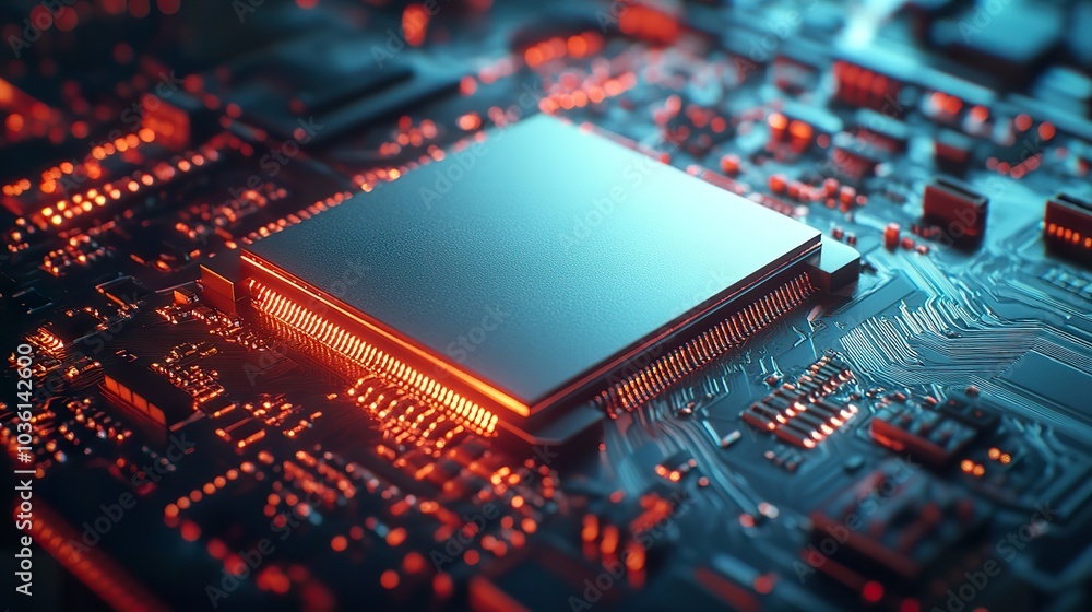 Poster a cpu on a dark surface with subtle reflections, emphasizing its metallic shine.