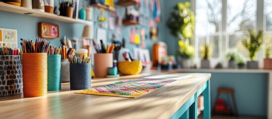 Colorful pencils and art supplies on a wooden table in a creative workspace.