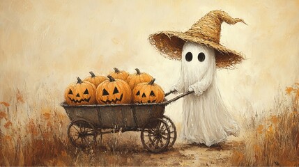 S&uuml;&szlig;er Geist schiebt Wagen voller K&uuml;rbisse f&uuml;r Halloween