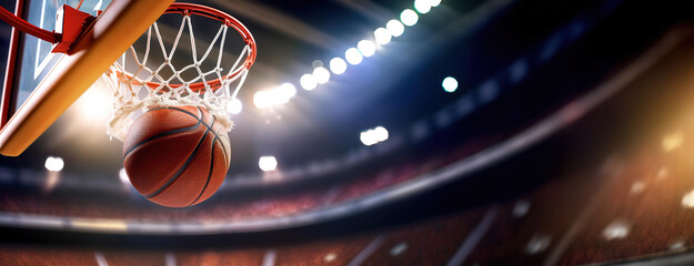 Basketball shot swishing through the hoop under bright stadium lights during a live game moment