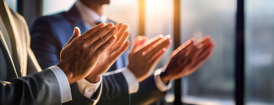 Business professionals clapping hands during a meeting, recognizing achievements or success with sunlight streaming through windows.