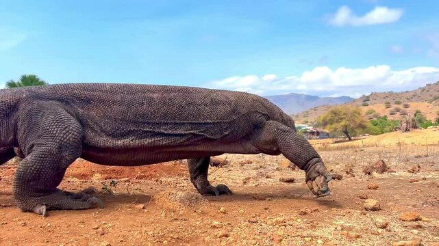 A komodo varan walks around the island.