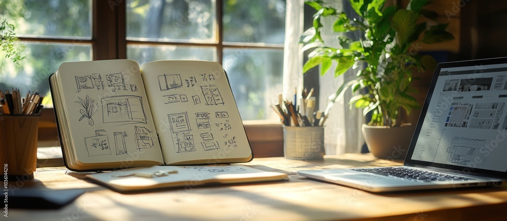 Poster a notebook open to a page with hand-drawn sketches of app interfaces sits on a desk next to a laptop