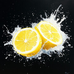 Two juicy lemons splash into a dark background.