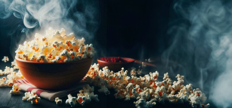 Popcorn on a table with a smoke filled with popcorn and a bowl of popcorn