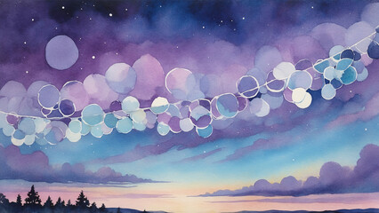 Whimsical colorful circular lights hanging against a dreamy twilight sky in watercolor style, copy space