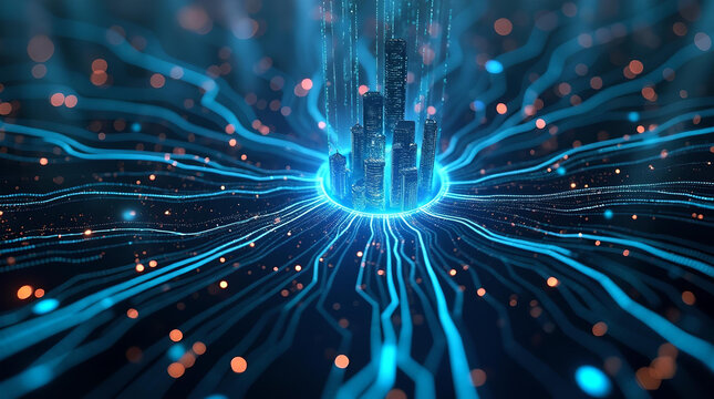 center buildings with cables data tracking data transfer blue pink glowing lights, and high bandwidth transaction scanning. 