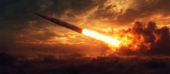 Fototapeta premium A missile launches into the air with a bright trail of smoke as it ascends into the dark sky, with a cloudy sunset behind it.