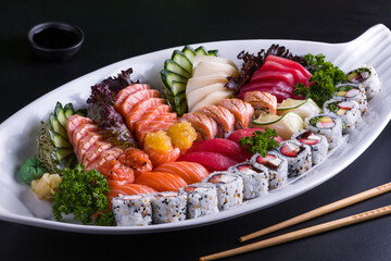 Elegant Sushi Platter With Variety of Fresh Fish and Rolls