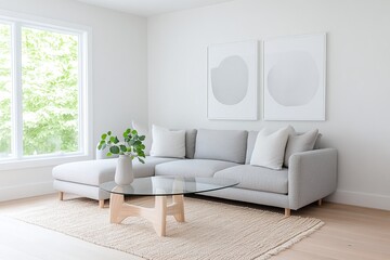 Fototapeta premium Bright living room, sectional gray sofa, glass coffee table, contemporary wall art, large windows, minimalist design, natural light, cozy and stylish decor, serene space
