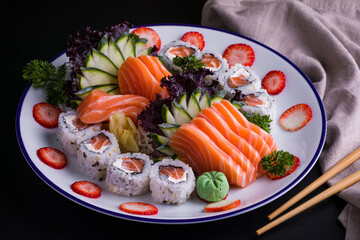 Elegant Japanese Sushi Platter with Fresh Salmon and Vegetables