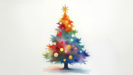 Obraz premium Vibrant Christmas tree with colorful lights set against a misty winter backdrop, perfect for holiday cards and festive decor inspiration.