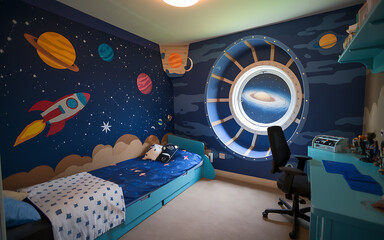A blue and yellow space themed bedroom with a rocket  planets  and a spaceship window mural   