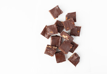 Top View of Homemade Chocolate Pecan Fudge on a White Background