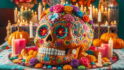 Naklejka premium halloween skull and candles, bread of the dead, pan de muerto, mexican tradition, created with generative A.I. 