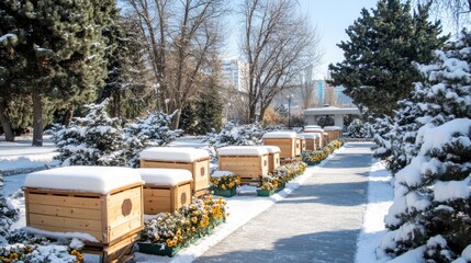 Beehives stand peacefully in a snowy forest, blanketed in white, with tall evergreen trees creating a serene winter atmosphere