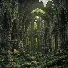 Obraz premium Verdant Cathedral: Nature Reclaims the Forgotten. Generative AI 