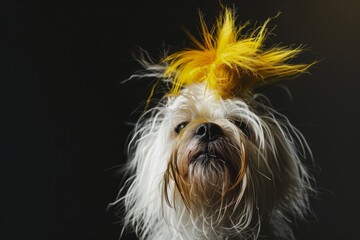 Naklejka premium A fluffy white dog has a bright yellow feather on its head against a dark background. Concept: playful and stylish pet. For pet fashion advertisements.