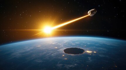 Asteroid approaching Earth during sunrise, highlighting a significant impact event in the cosmos