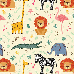 Zoo animals kid seamless pattern vector. Giraffe, lion, rhino, crocodile and elephant on white background.