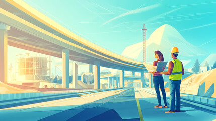 Civil engineers and architects work together to design and build a new highway. At the construction site, a male engineer and a female architect...