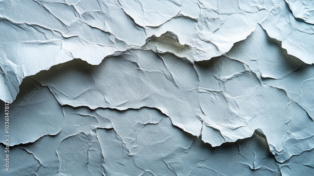 Poster crumpled layers of paper in soft blue tones form a textured surface, offering an artistic backdrop f