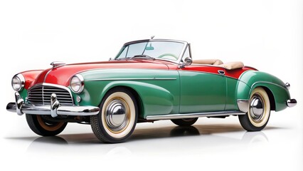 Red and beige classic convertible car with whitewall tires is posing in a studio