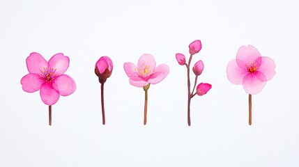 Watercolor pink blossoms, different growth stages, delicate floral art, minimal design, white background, creative hand-painted concept, artistic flower arrangement

