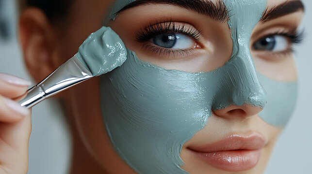 A woman is applying a green face mask