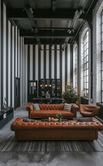 Fototapeta premium Modern Loft Interior Design with Brown Leather Couches and Black White Stripes - Minimalist Chic Style for a Relaxing Home 