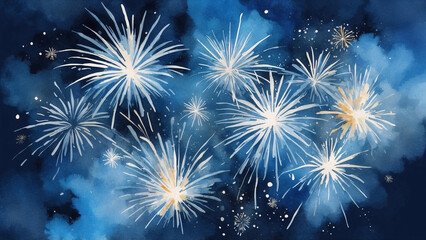 Colorful fireworks display in watercolor style on a blue background, copy space