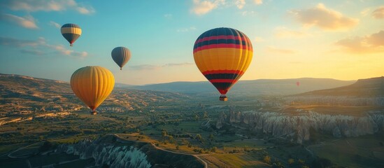 Hot air balloons flying over a beautiful landscape at sunrise.