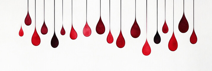 Abstract red and black water drops hanging against a white background.