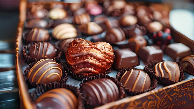 Chocolate candies in a box on a wooden table. Valentine's Day