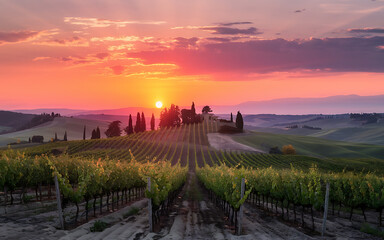 Fototapeta premium Vineyard sunset in Tuscany golden and purple hues romantic and peaceful perfect for travel and wine-related projects 