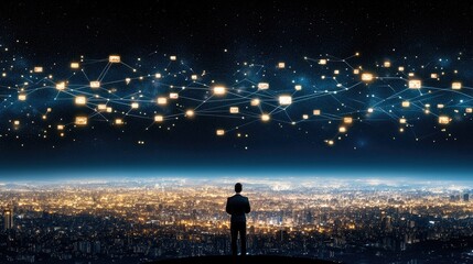 Obraz premium A businessman stands on a rooftop at night, gazing at floating images linked by glowing lines that connect cities across borders