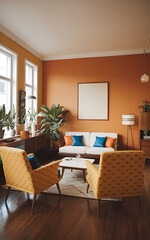 Fototapeta premium Mid-century modern living room with yellow and orange accents perfect for a cozy and stylish home 