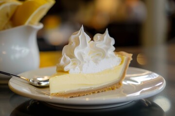 A slice of cream-topped pie sits on a white plate with a spoon. Concept of dessert indulgence. For menu design or food blog content.