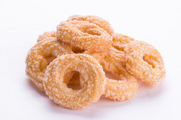 Close-Up of Delicious Golden Sugar-Coated Ring Cookies