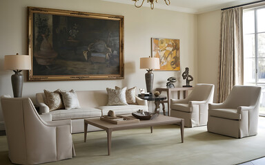 Elegant living room with beige and brown furniture  perfect for interior design projects   