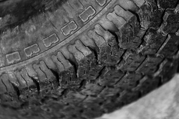 Used car tire fragment, close up photo